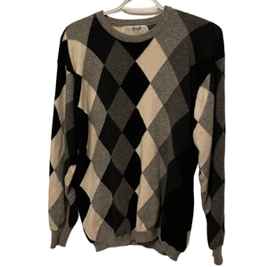 Women’s Vintage Pringle Black/Grey/Cream Argyle 100% Lambswool Sweater Size M